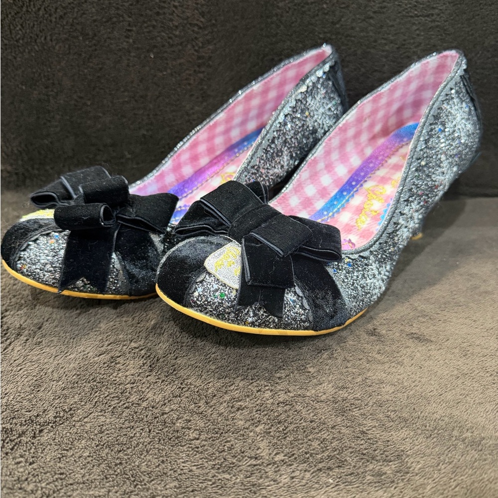 Irregular Choice silver and black glitter shoes